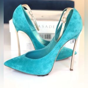 CASADEI BLADE METAL HEEL POINTED TOE TURQUOISE GREEN ANICE SUEDE PUMP SHOES